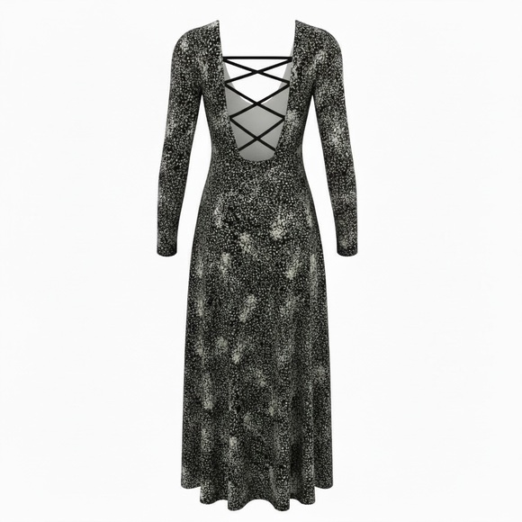 Lush Elegant Black & White Print Dress, M, mid calf length, lace up back - Picture 2 of 9